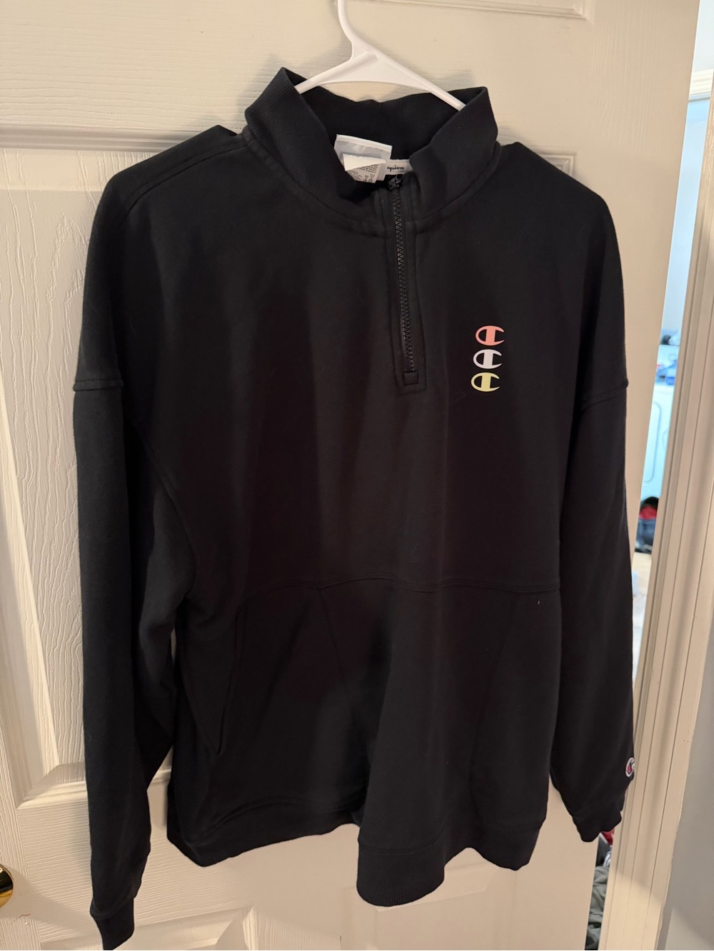 Champion Black Half-Zip Sweatshirt with Multicolor Logo